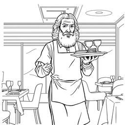 Leonardo da Vinci depicted as a waiter in a modern restaurant setting