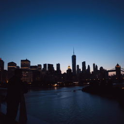 a city skyline at dusk, the soft glow of lights illuminating skyscrapers, casting reflections on a calm river