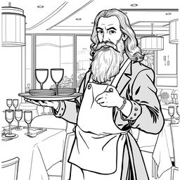 Leonardo da Vinci depicted as a waiter in a modern restaurant setting