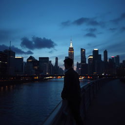 a city skyline at dusk, the soft glow of lights illuminating skyscrapers, casting reflections on a calm river