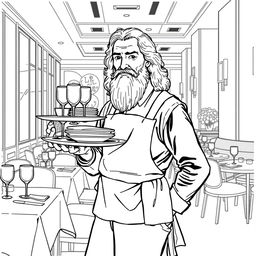 Leonardo da Vinci depicted as a waiter in a modern restaurant setting