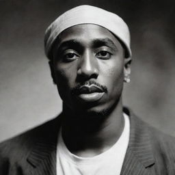 A vintage-styled photograph of Tupac Shakur, showcasing his intensity and iconic style. He appears engaged and energetic, with a sense of shake, enhancing the raw vigor that defined him.