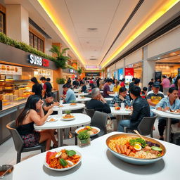 A bustling mall food court filled with a variety of vibrant and appetizing dishes