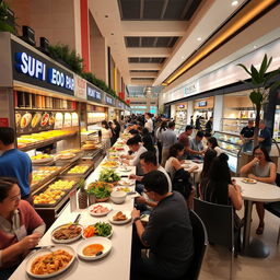 A bustling mall food court filled with a variety of vibrant and appetizing dishes