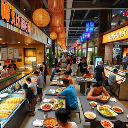 A bustling mall food court filled with a variety of vibrant and appetizing dishes