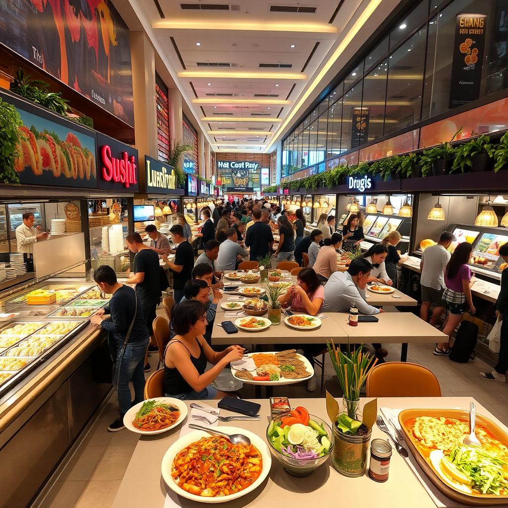 A bustling mall food court filled with a variety of vibrant and appetizing dishes