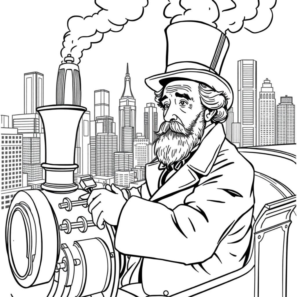 Charles Dickens depicted at the controls of an old-fashioned steam locomotive, navigating through the bustling skyline of a modern city