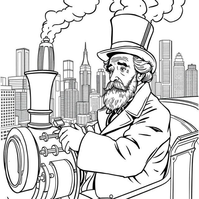 Charles Dickens depicted at the controls of an old-fashioned steam locomotive, navigating through the bustling skyline of a modern city