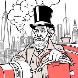 Charles Dickens depicted at the controls of an old-fashioned steam locomotive, navigating through the bustling skyline of a modern city