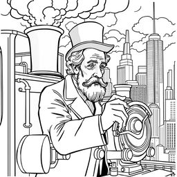 Charles Dickens depicted at the controls of an old-fashioned steam locomotive, navigating through the bustling skyline of a modern city