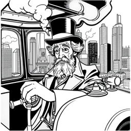 Charles Dickens depicted at the controls of an old-fashioned steam locomotive, navigating through the bustling skyline of a modern city