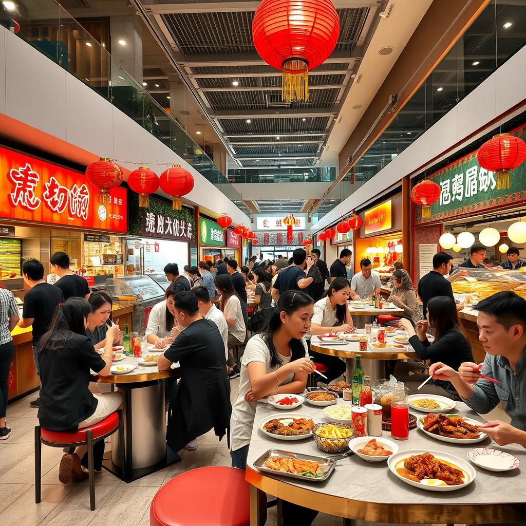 A bustling food court in a modern Chinese mall, featuring a variety of authentic Chinese dishes