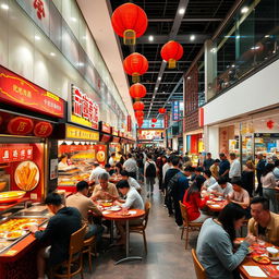 A bustling food court in a modern Chinese mall, featuring a variety of authentic Chinese dishes