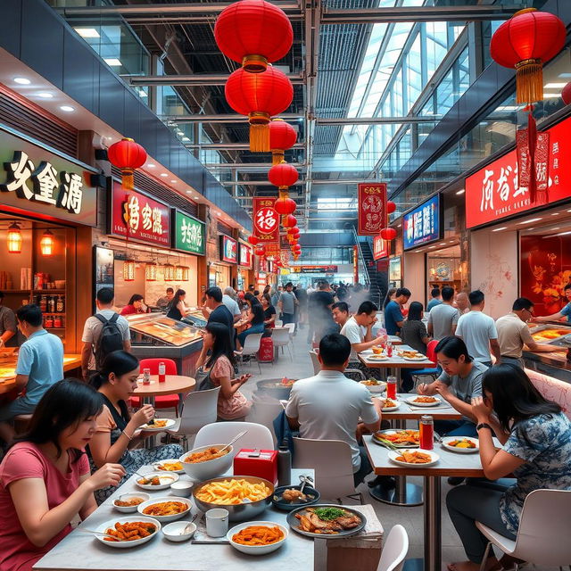 A bustling food court in a modern Chinese mall, featuring a variety of authentic Chinese dishes