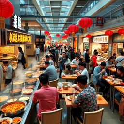 A bustling food court in a modern Chinese mall, featuring a variety of authentic Chinese dishes