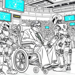 Stephen Hawking depicted participating in a futuristic robot competition