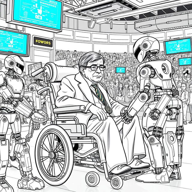 Stephen Hawking depicted participating in a futuristic robot competition