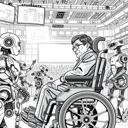 Stephen Hawking depicted participating in a futuristic robot competition