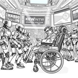 Stephen Hawking depicted participating in a futuristic robot competition