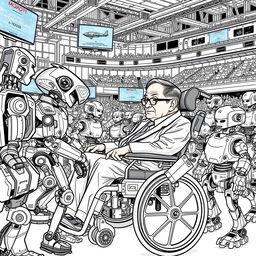 Stephen Hawking depicted participating in a futuristic robot competition