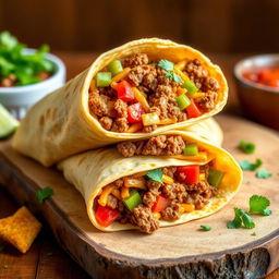 A delectable image of the Nacho Cheese Beef Wrap, showcasing the fusion of creamy nacho cheese, spicy ground beef, and crunchy Doritos, wrapped in a soft golden-brown tortilla