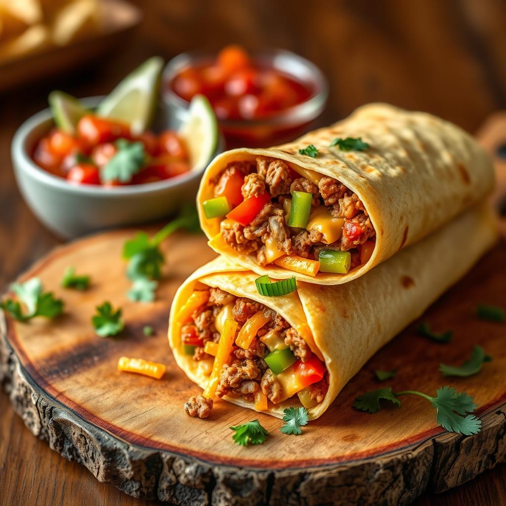 A delectable image of the Nacho Cheese Beef Wrap, showcasing the fusion of creamy nacho cheese, spicy ground beef, and crunchy Doritos, wrapped in a soft golden-brown tortilla