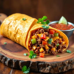 A delectable image of the Nacho Cheese Beef Wrap, showcasing the fusion of creamy nacho cheese, spicy ground beef, and crunchy Doritos, wrapped in a soft golden-brown tortilla