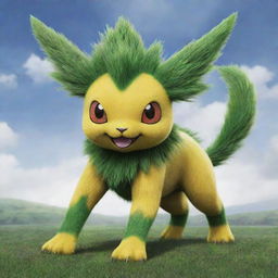 Generate an image of a new Pokemon species that combines the grass and thunder elements, showing off its striking, vivid features and energy.