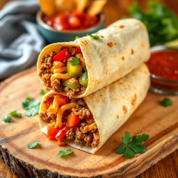 A delectable image of the Nacho Cheese Beef Wrap, showcasing the fusion of creamy nacho cheese, spicy ground beef, and crunchy Doritos, wrapped in a soft golden-brown tortilla