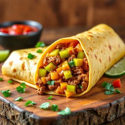 A delectable image of the Nacho Cheese Beef Wrap, showcasing the fusion of creamy nacho cheese, spicy ground beef, and crunchy Doritos, wrapped in a soft golden-brown tortilla