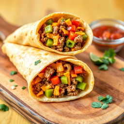 A delectable image of the Nacho Cheese Beef Wrap, showcasing the fusion of creamy nacho cheese, spicy ground beef, and crunchy Doritos, wrapped in a soft golden-brown tortilla