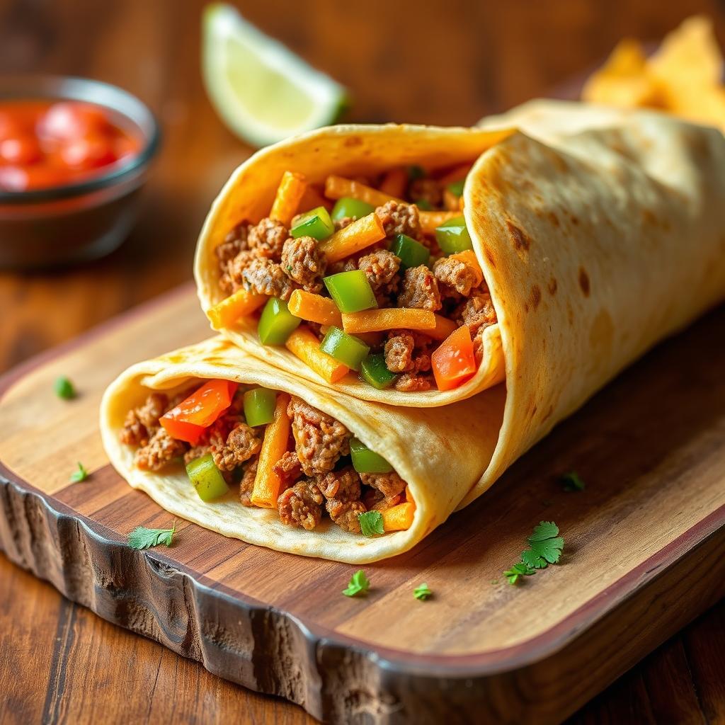 A delectable image of the Nacho Cheese Beef Wrap, showcasing the fusion of creamy nacho cheese, spicy ground beef, and crunchy Doritos, wrapped in a soft golden-brown tortilla