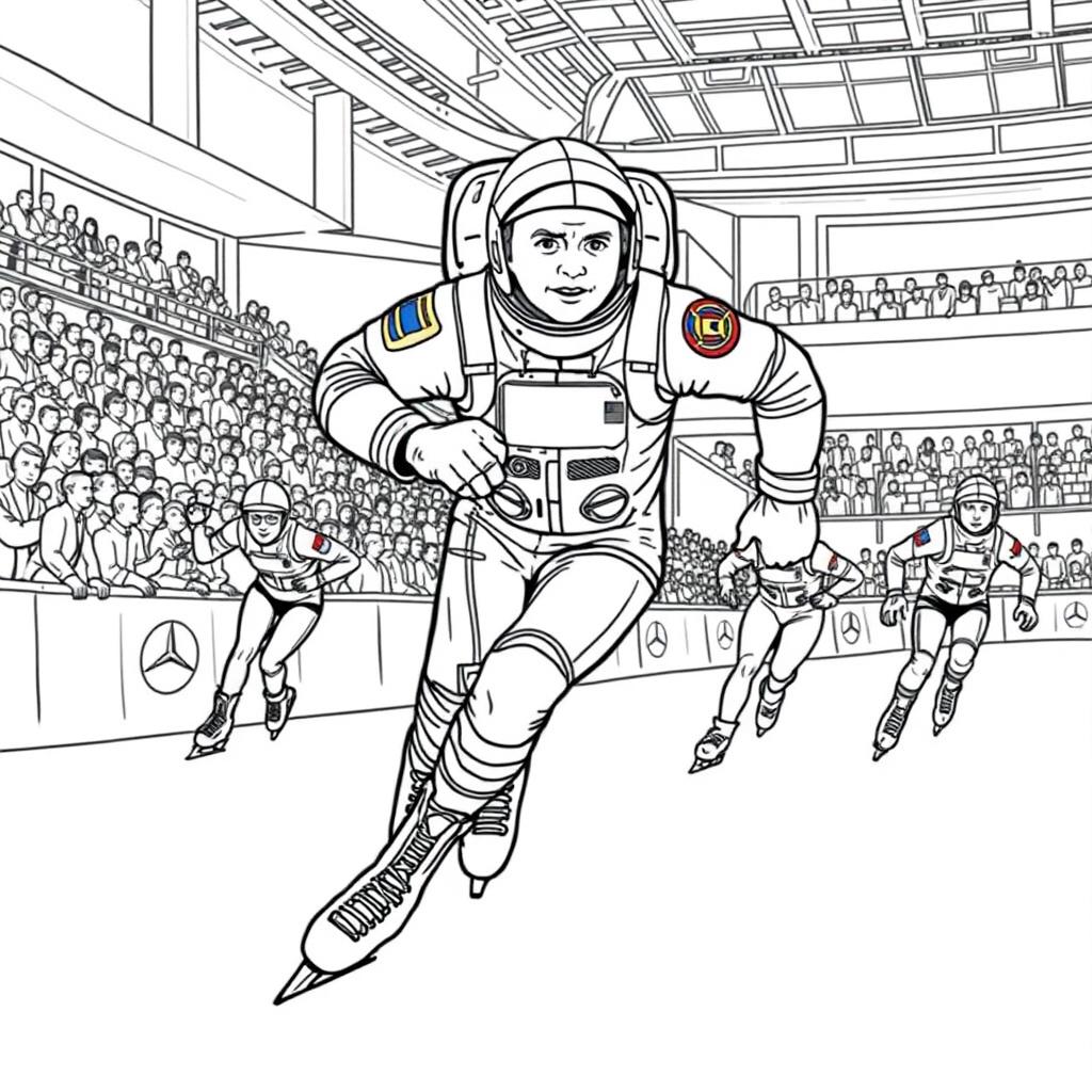 Neil Armstrong depicted participating in an ice-skating race