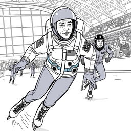 Neil Armstrong depicted participating in an ice-skating race