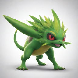 Generate an image of a new Pokemon species that combines the grass and thunder elements, showing off its striking, vivid features and energy.