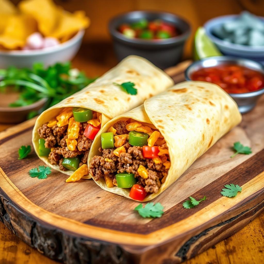 A delectable image of the Nacho Cheese Beef Wrap, showcasing the fusion of creamy nacho cheese, spicy ground beef, and crunchy Doritos, wrapped in a soft golden-brown tortilla