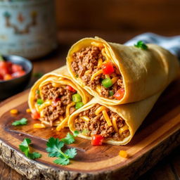 A delectable image of the Nacho Cheese Beef Wrap, showcasing the fusion of creamy nacho cheese, spicy ground beef, and crunchy Doritos, wrapped in a soft golden-brown tortilla