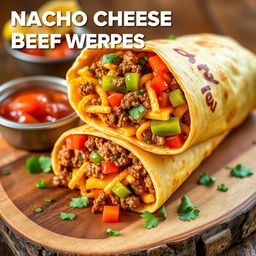 A delectable image of the Nacho Cheese Beef Wrap, showcasing the fusion of creamy nacho cheese, spicy ground beef, and crunchy Doritos, wrapped in a soft golden-brown tortilla