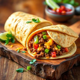 A delectable image of the Nacho Cheese Beef Wrap, showcasing the fusion of creamy nacho cheese, spicy ground beef, and crunchy Doritos, wrapped in a soft golden-brown tortilla