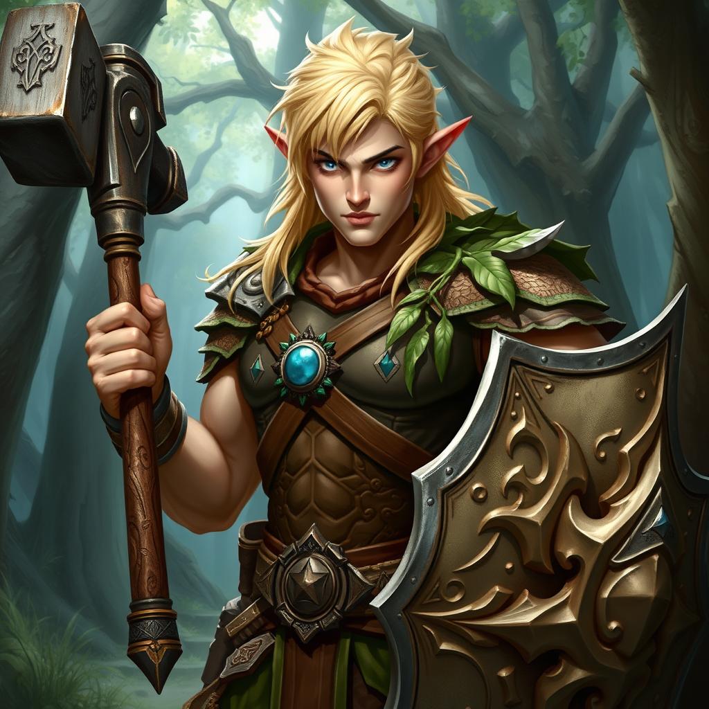 Half-elf Dungeons and Dragons male character with striking blonde hair and piercing blue eyes, showcasing a muscular build