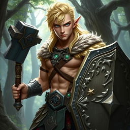 Half-elf Dungeons and Dragons male character with striking blonde hair and piercing blue eyes, showcasing a muscular build