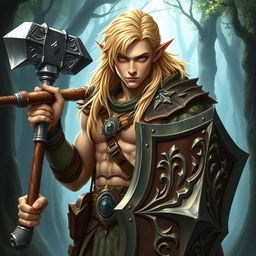 Half-elf Dungeons and Dragons male character with striking blonde hair and piercing blue eyes, showcasing a muscular build