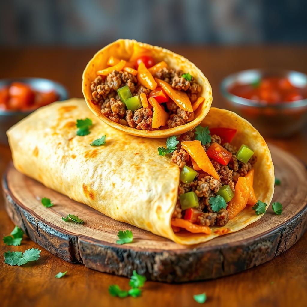 A delectable image of the Nacho Cheese Beef Wrap, showcasing the fusion of creamy nacho cheese, spicy ground beef, and crunchy Doritos, wrapped in a soft golden-brown tortilla