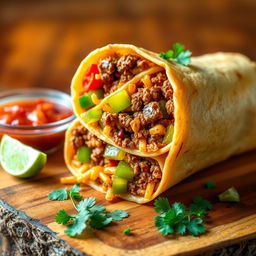 A delectable image of the Nacho Cheese Beef Wrap, showcasing the fusion of creamy nacho cheese, spicy ground beef, and crunchy Doritos, wrapped in a soft golden-brown tortilla