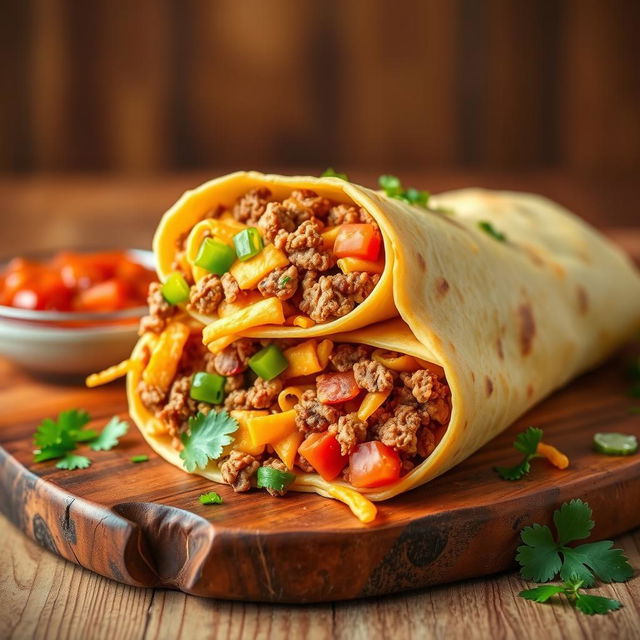 A delectable image of the Nacho Cheese Beef Wrap, showcasing the fusion of creamy nacho cheese, spicy ground beef, and crunchy Doritos, wrapped in a soft golden-brown tortilla