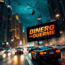 An action movie background featuring an adrenaline-pumping cityscape at night, where towering skyscrapers are illuminated by vibrant neon lights