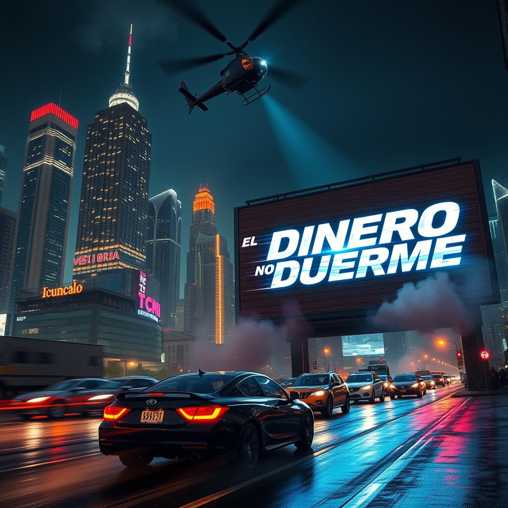 An action movie background featuring an adrenaline-pumping cityscape at night, where towering skyscrapers are illuminated by vibrant neon lights