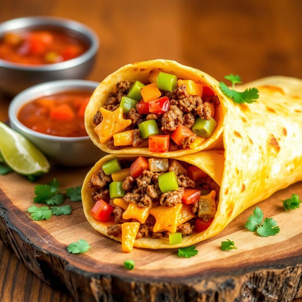 A delectable image of the Nacho Cheese Beef Wrap, showcasing the fusion of creamy nacho cheese, spicy ground beef, and crunchy Doritos, wrapped in a soft golden-brown tortilla