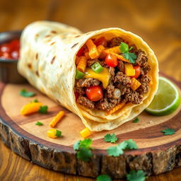 A delectable image of the Nacho Cheese Beef Wrap, showcasing the fusion of creamy nacho cheese, spicy ground beef, and crunchy Doritos, wrapped in a soft golden-brown tortilla