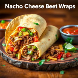 A delectable image of the Nacho Cheese Beef Wrap, showcasing the fusion of creamy nacho cheese, spicy ground beef, and crunchy Doritos, wrapped in a soft golden-brown tortilla